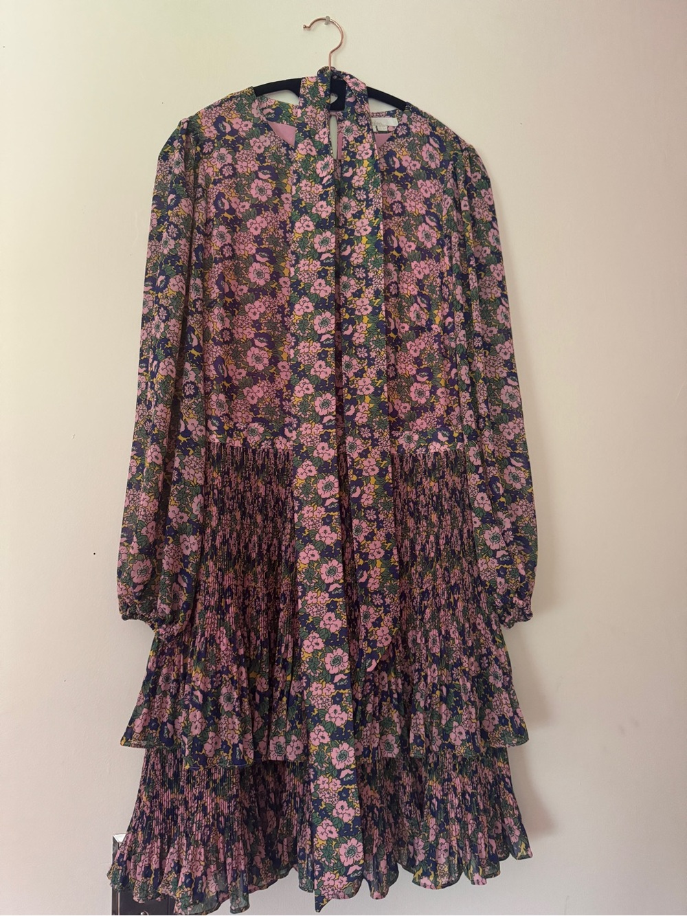 Boden Pink and Green Floral Tie Waist Tiered Mini Dress